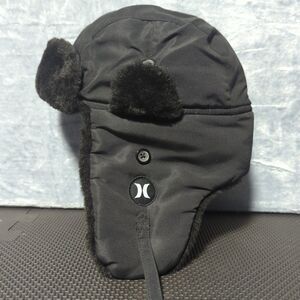 Hurley National Trapper Hat Unisex Black Faux Fur Lined Ear Flap Winter Cozy